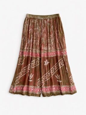Zurie Boho Pull-On Pants Rayon Wide Leg Earth Tone Print Flowy Festival Lounge